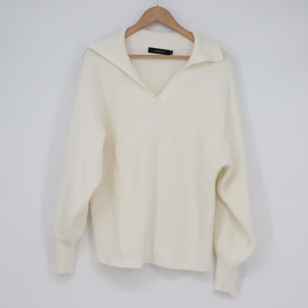 ZESICA Womens Off White Ribbed Knit Collared V-Neck Pullover Sweater Size L - Picture 2 of 6